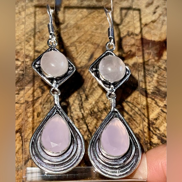 Rose Quartz “Stone of Pure Love” & Pink Chalcedony Earrings 2 7/8” - Picture 4 of 10